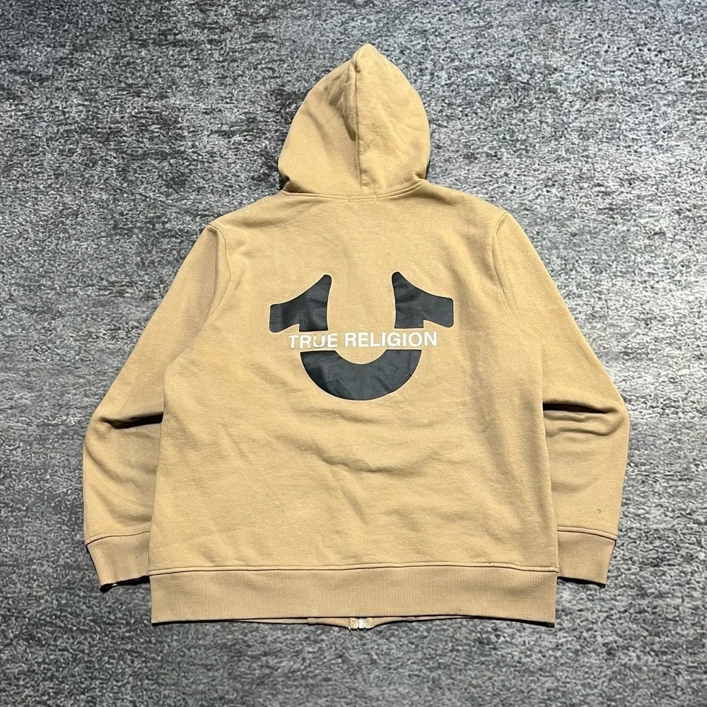 True Religion‎ Zip Up Hoodie Mens XL Beige Logo Graphic Y2K